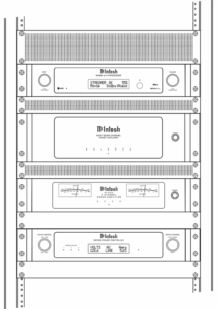 Diagram of MIP200 in a home theater custom install rack system along with MX200, MI347, and MI254.